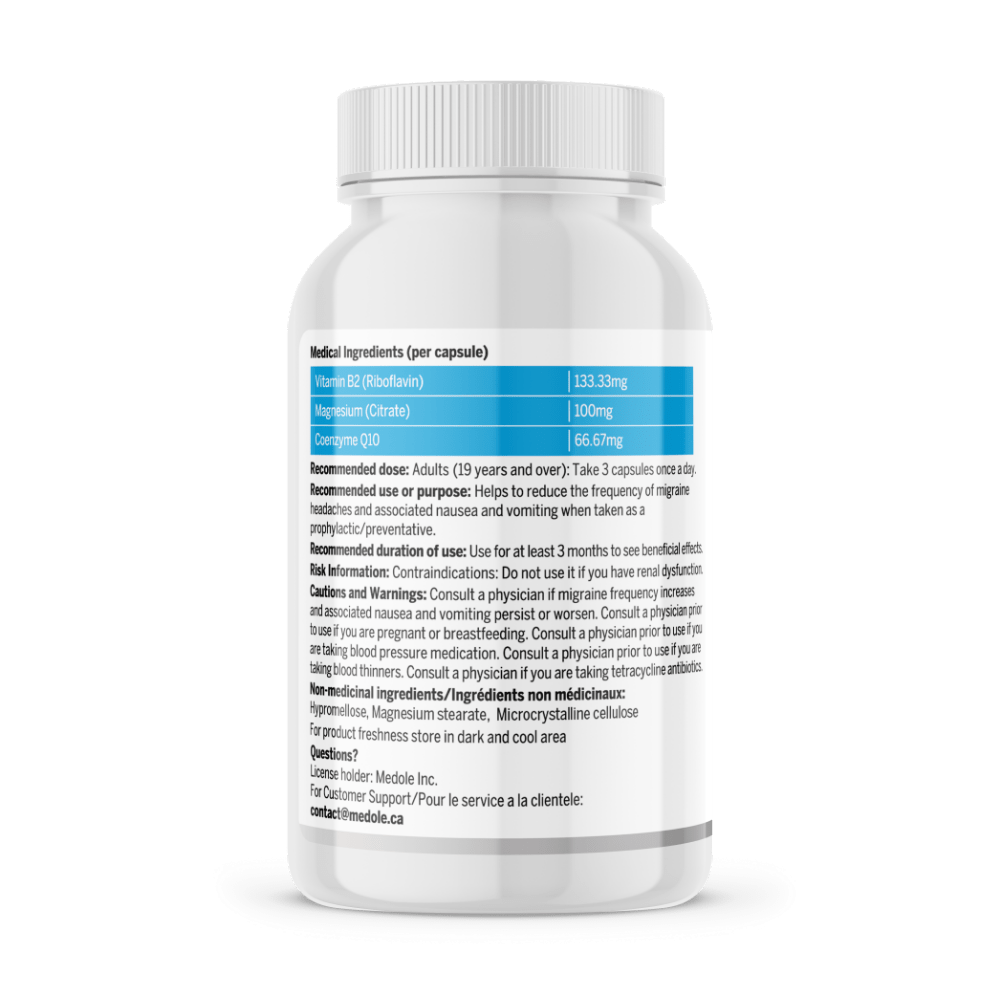 3graine Migraine and Headache Pain Relief Supplement Bottle Back Ingredients English