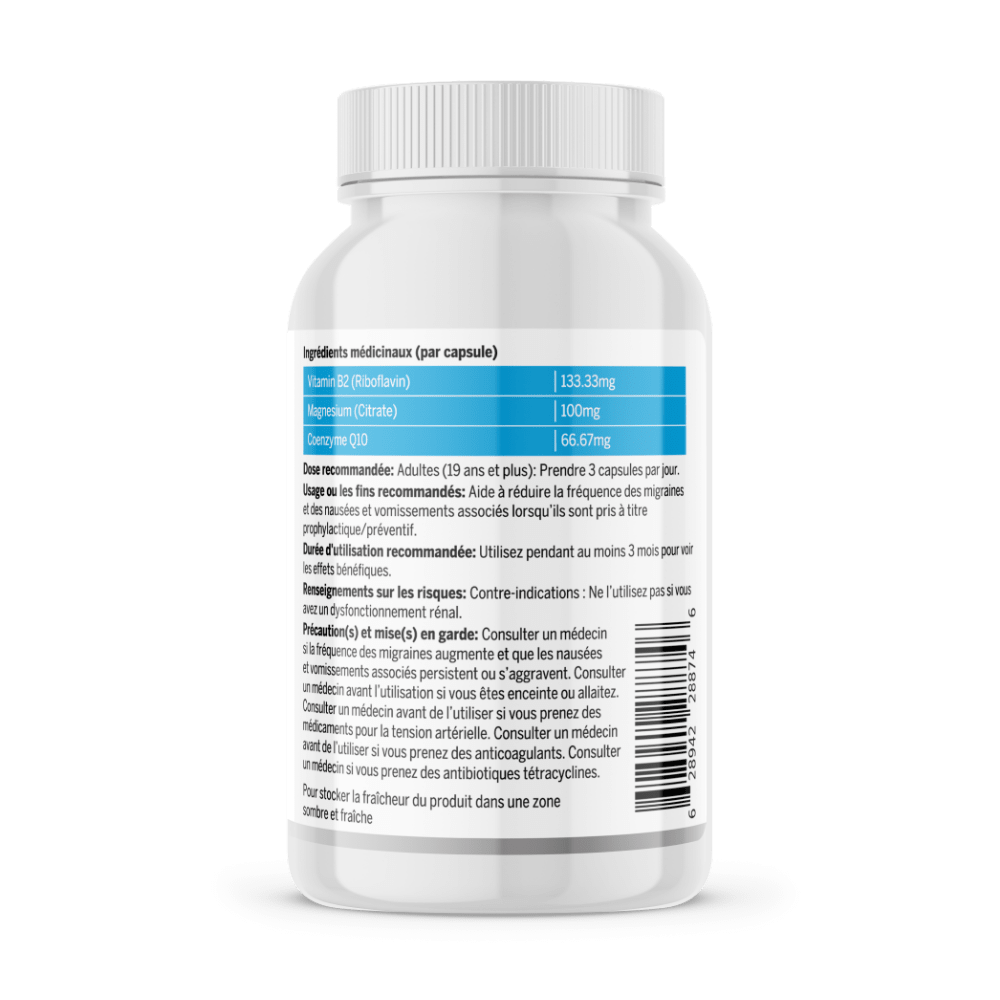 3graine Migraine and Headache Pain Relief Supplement Bottle Back French Ingredients