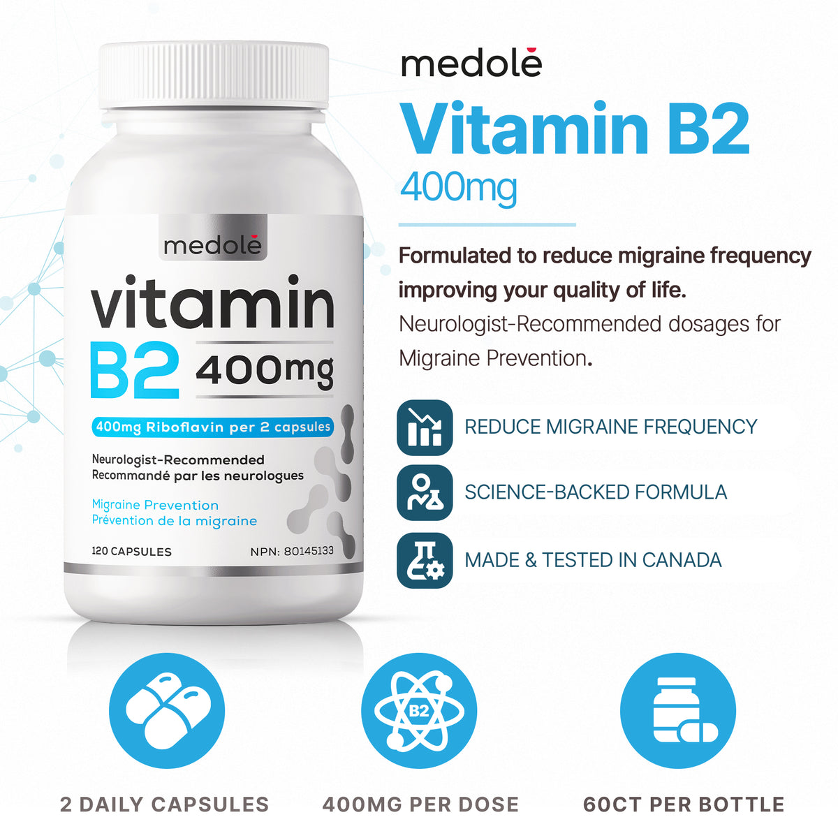 Vitamin B2 400mg for Migraine Prevention (120 Capsule / 2 Month Supply)
