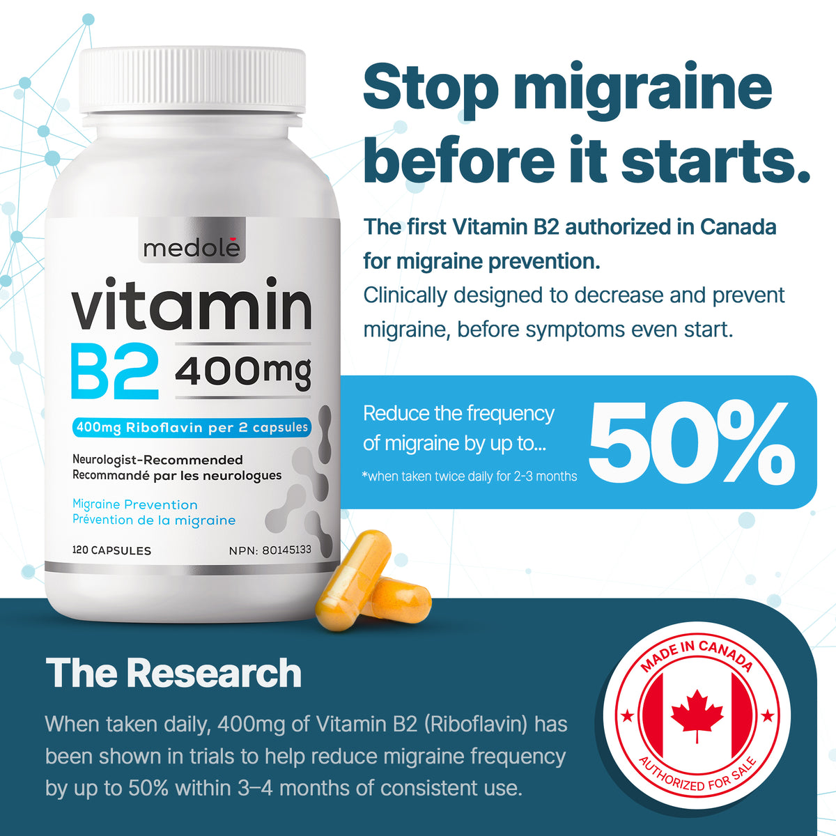 Vitamin B2 400mg for Migraine Prevention (120 Capsule / 2 Month Supply)